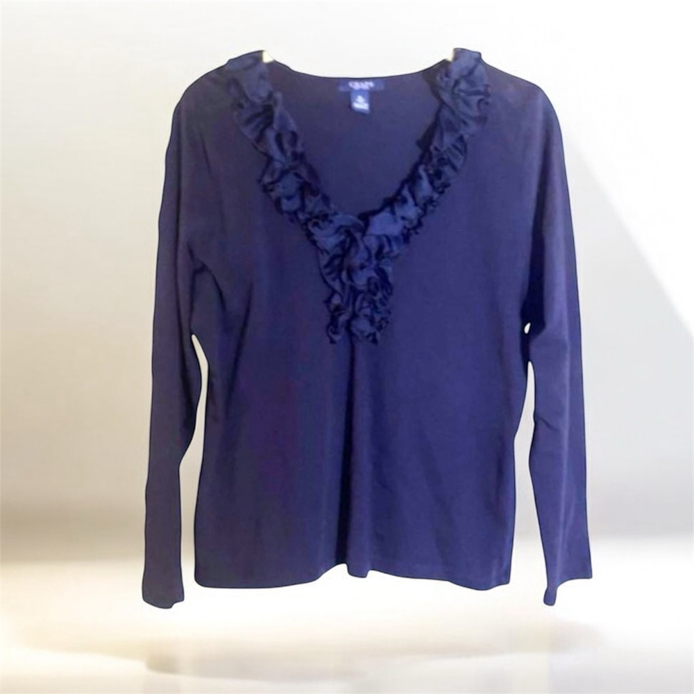 Chaps Navy Blue V-Neck Women's Tee with Ruffles, XL Size - Picture 3 of 12